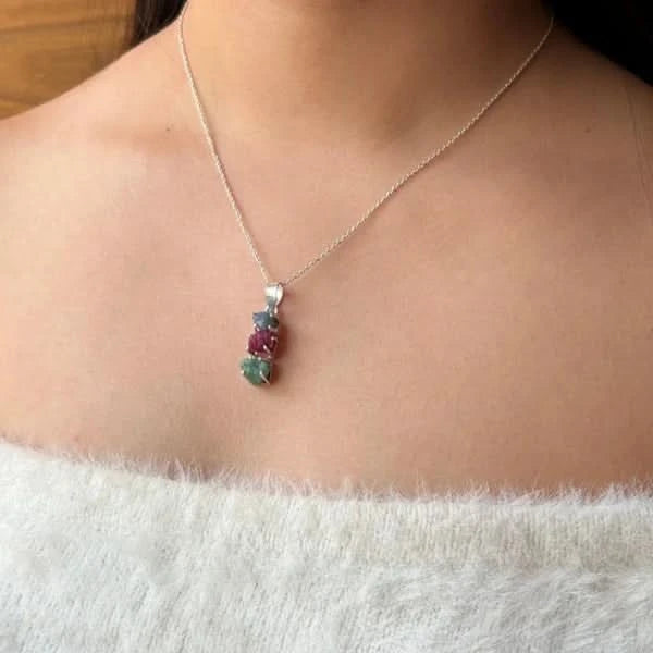 Sapphire, Ruby, Emerald Raw Crystal Pendant Necklace styled in 925 sterling silver