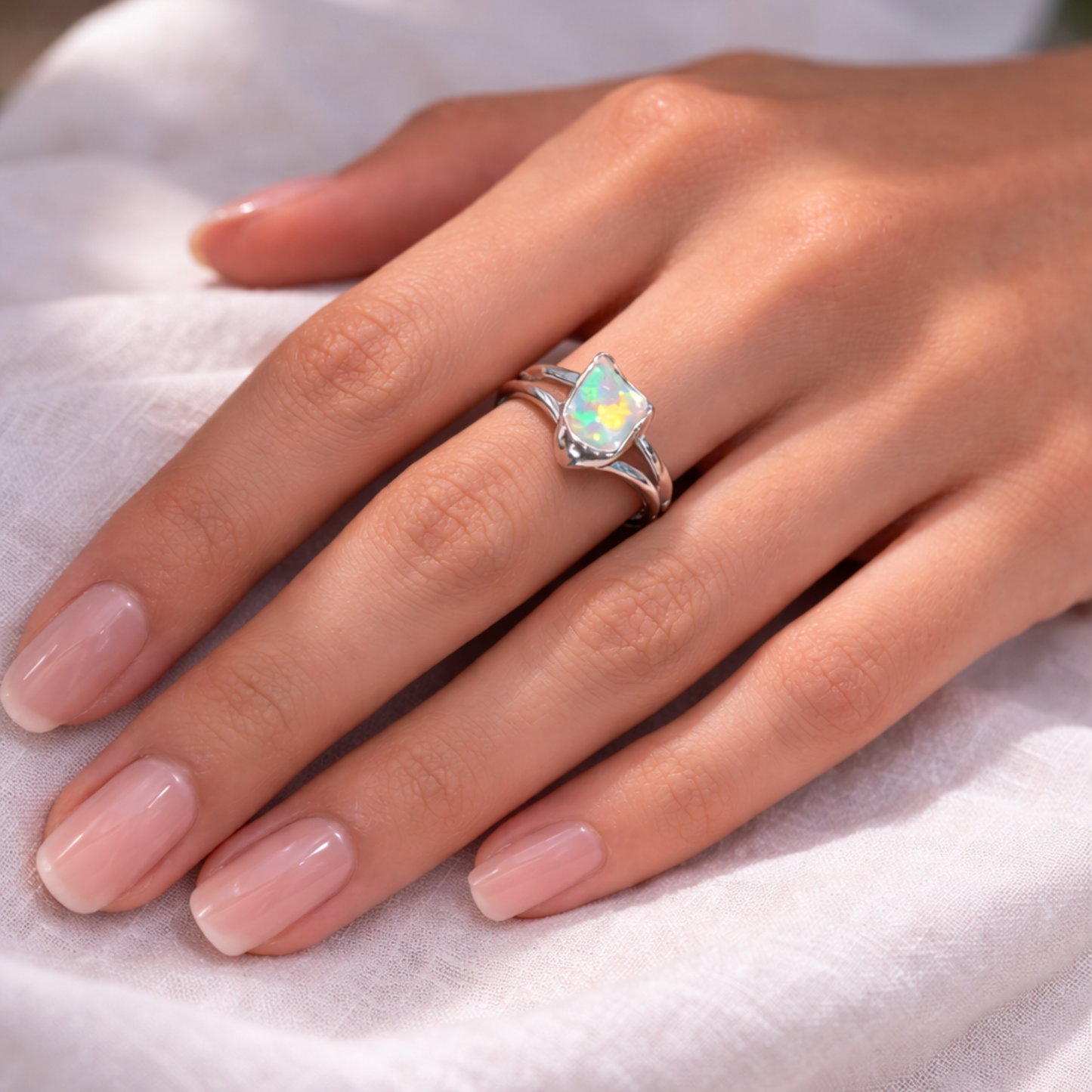 Unique White Ethiopian Opal Ring – Handmade 925 Silver Jewelry for Women, Perfect Gift & Wedding Accessory – US Size 8