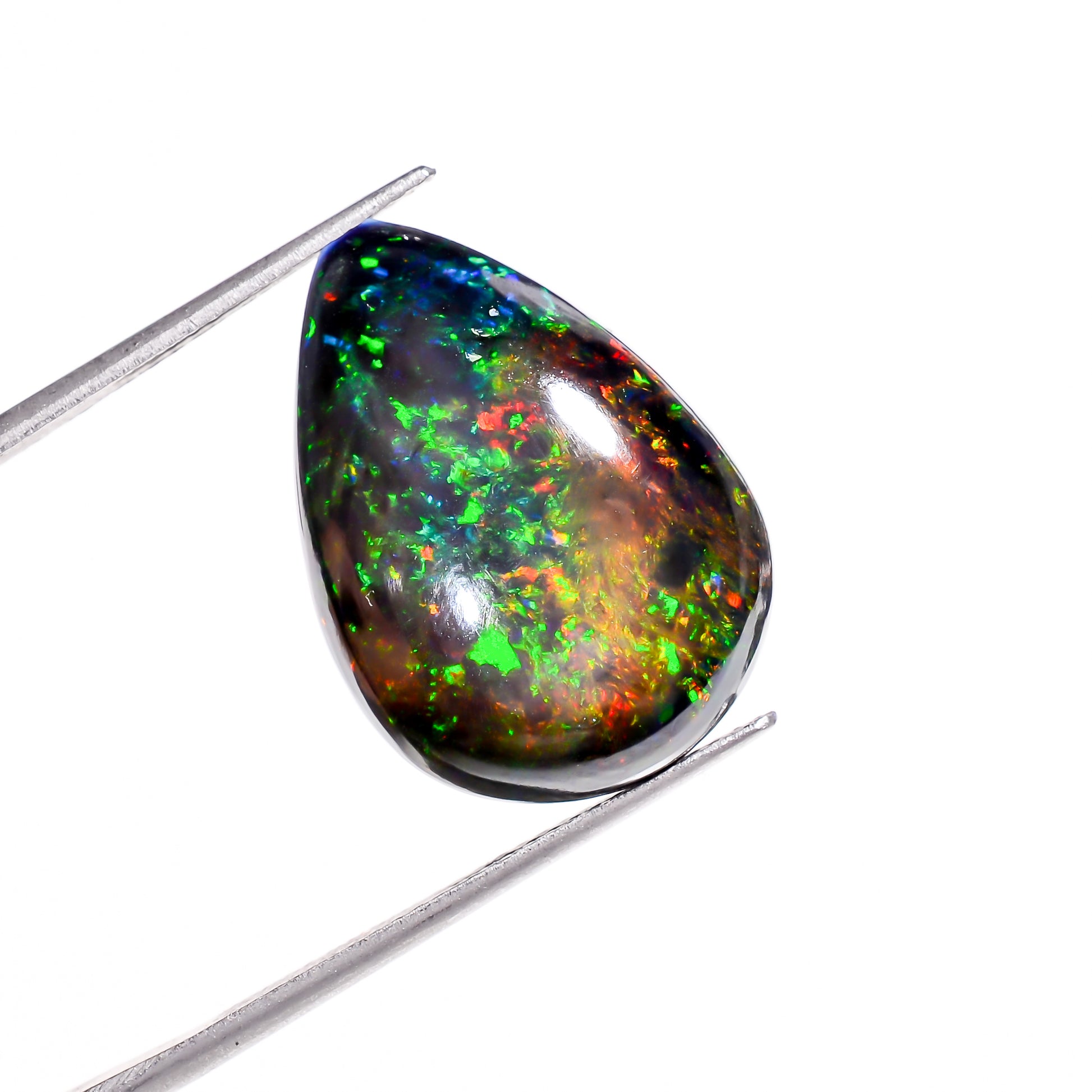 Pear Cabochon 9.00 carat Black Ethiopian opal with multi-flashy colors 
