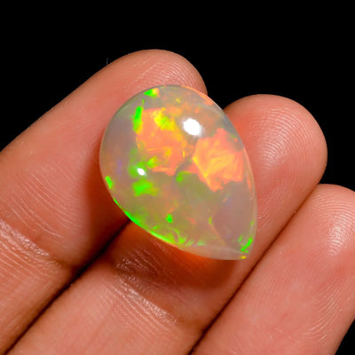 9 Ct Natural White Ethiopian Opal Pear Cabochon – Strong Red, Orange & Green Fire | Welo Opal 19x13x7 MM