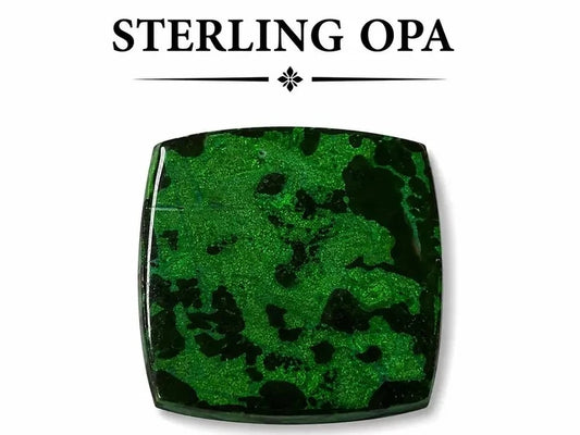 A polished rectangular cabochon gemstone with rounded corners, featuring a vibrant green and black marbled pattern, shown below the text 'STERLING OPA' on a plain white background.