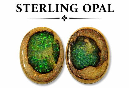 Two oval cabochon sterling opal gemstones displayed side-by-side on a white background with 'STERLING OPAL' text above.