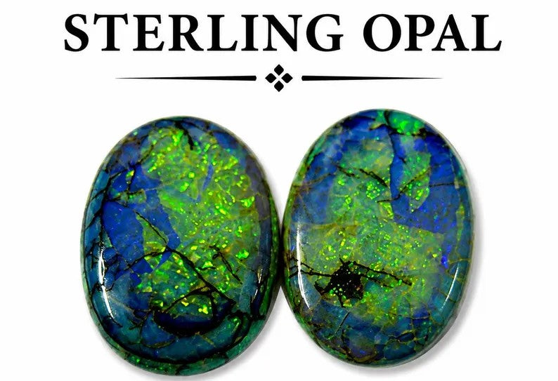 Two oval cabochon sterling opal gemstones with vibrant green and blue play-of-color, displayed side-by-side under the text 'STERLING OPAL' on a white background.