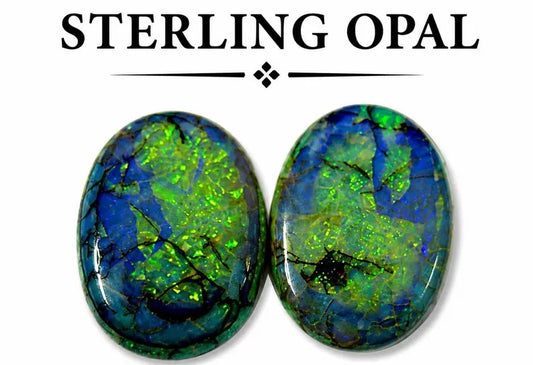Two oval cabochon sterling opal gemstones with vibrant green and blue play-of-color, displayed side-by-side under the text 'STERLING OPAL' on a white background.