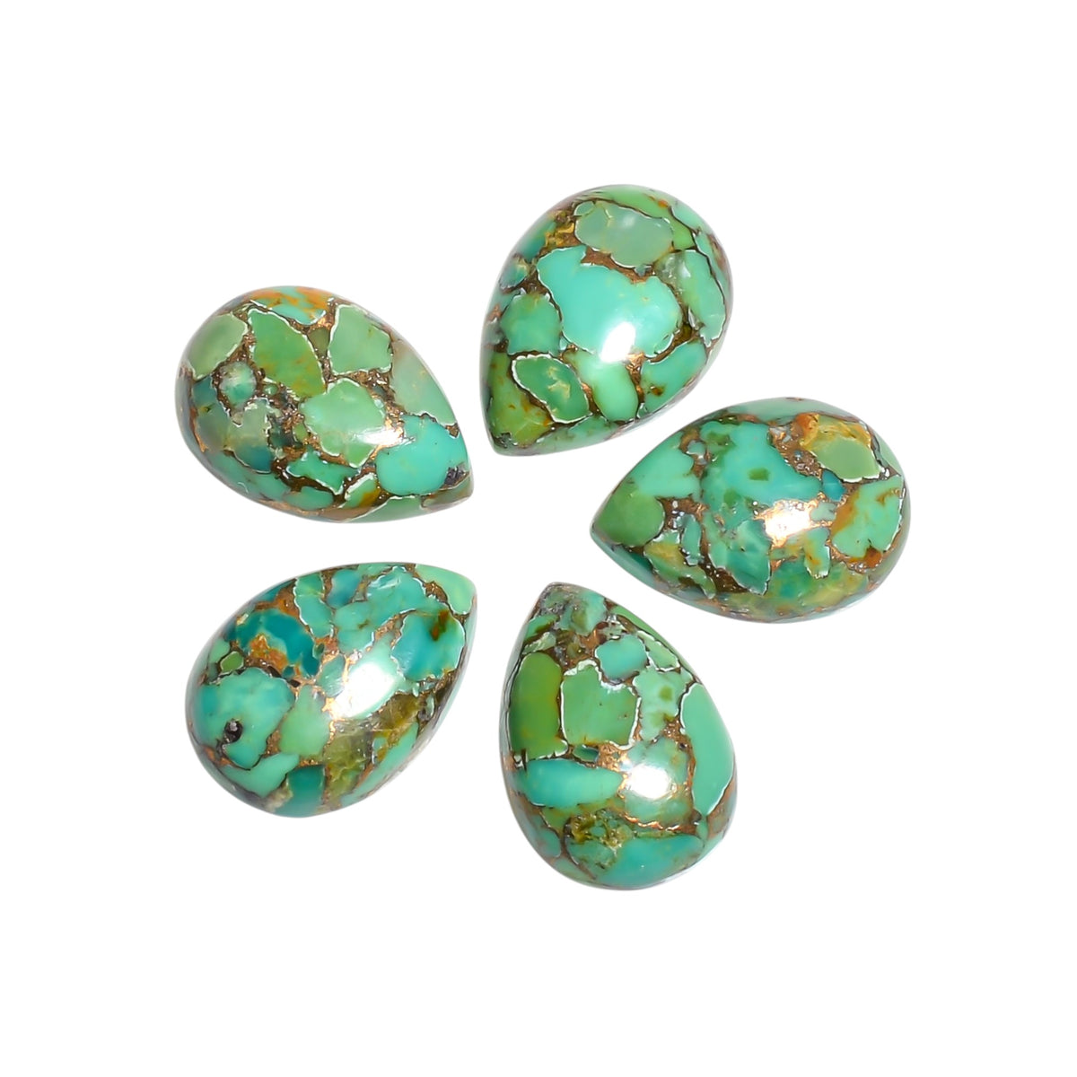 Green Copper Turquoise cabochon in pear shape, displaying a balanced grassy green color threaded with fine copper detailing