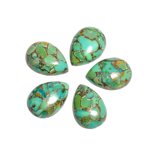 Green Copper Turquoise cabochon in pear shape, displaying a balanced grassy green color threaded with fine copper detailing