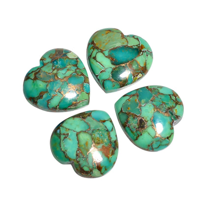 Green Spider Copper Turquoise heart cabochon, item AM-4180, showing dense web like black matrix lines crossing a green base