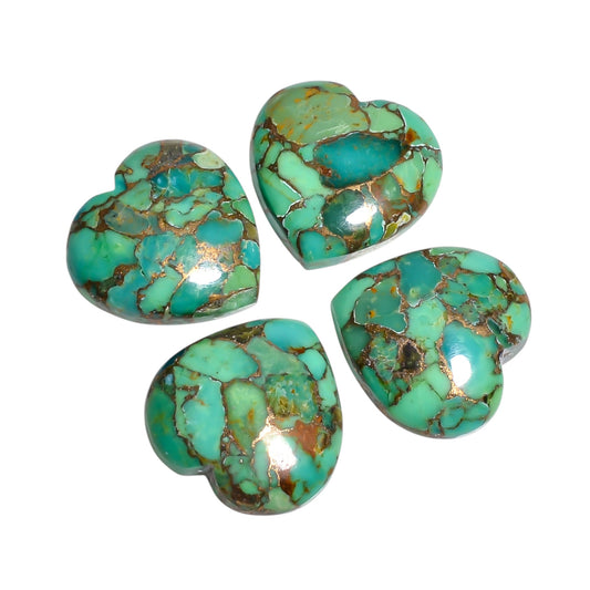 Green Spider Copper Turquoise heart cabochon, item AM-4180, showing dense web like black matrix lines crossing a green base