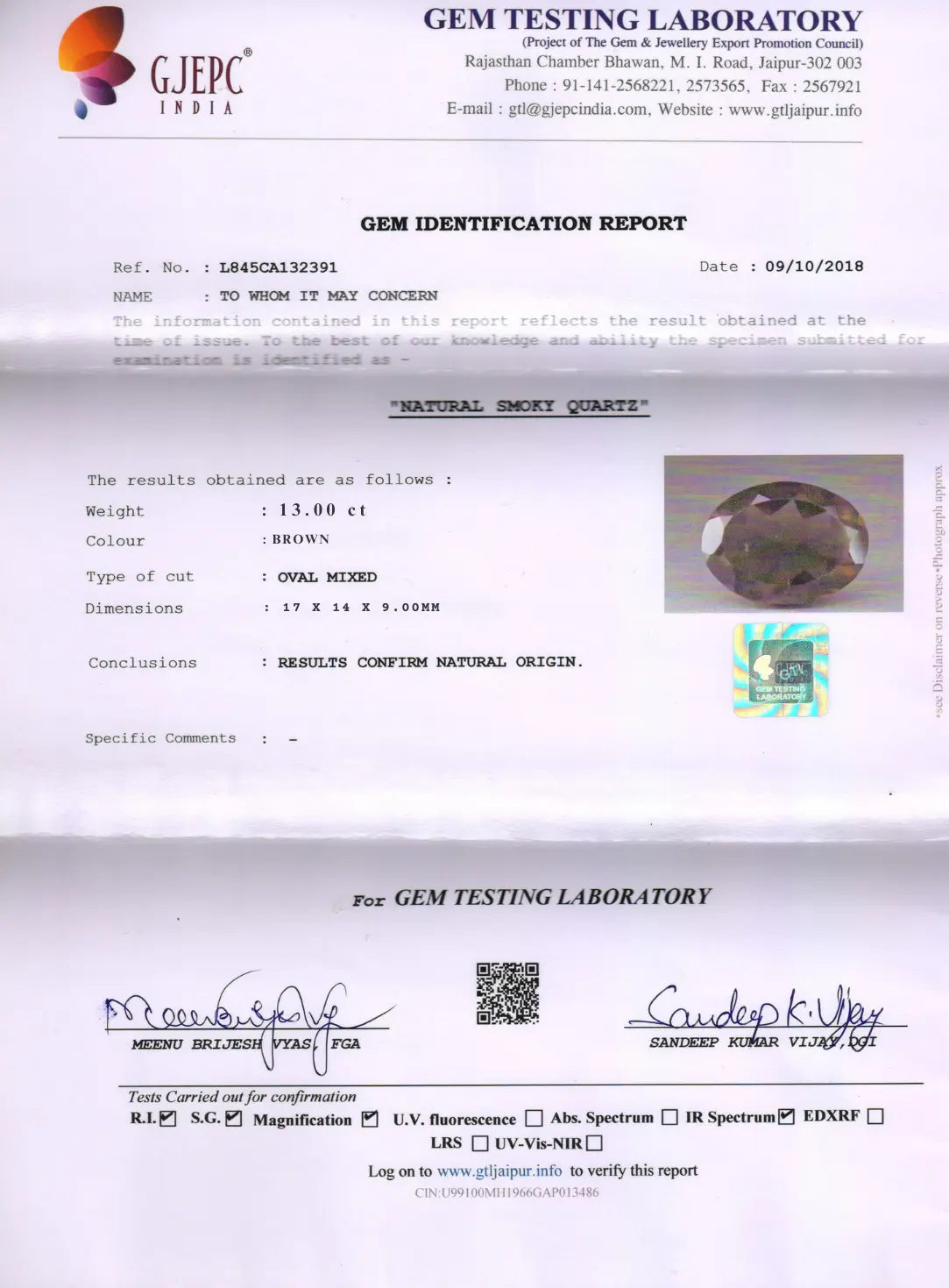 Gem identification report with a diamond image and GJEPC logo