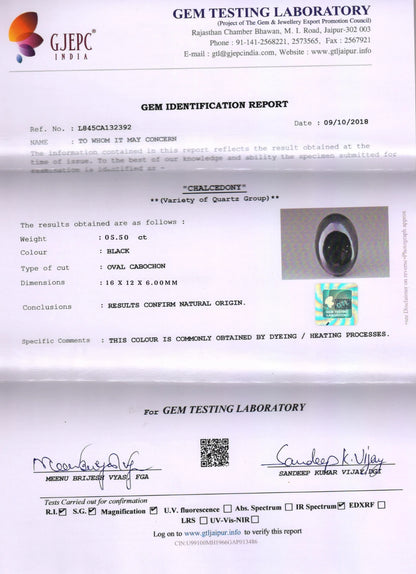 Gem identification report from GJEPC India with a black oval gemstone image.