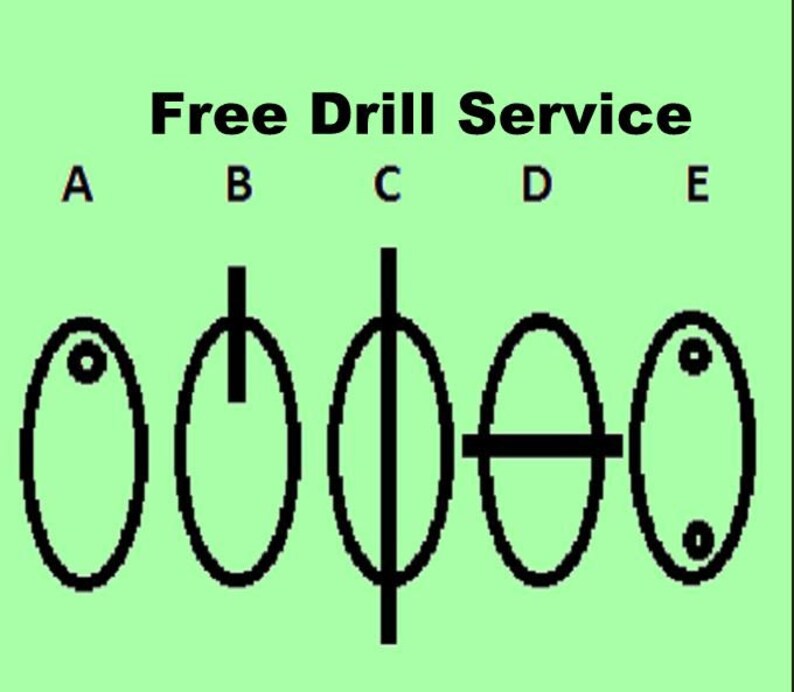 Diagram of different drill bit sizes labeled A to E on a green background with 'Free Drill Service' text.