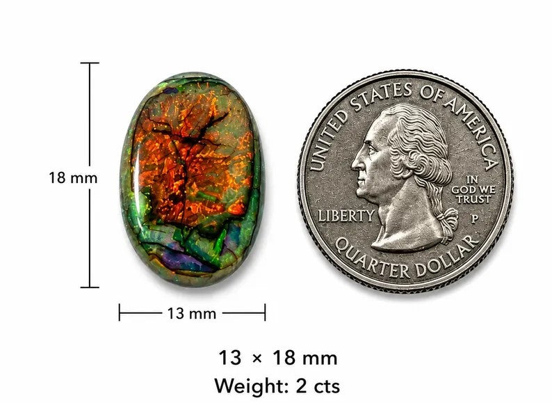 An oval iridescent cabochon gemstone shown next to a U.S.