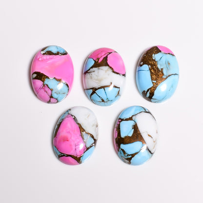 Pink and White Turquoise oval cabochon shown alongside its pear cut counterpart, giving buyers a size and shape reference before ordering