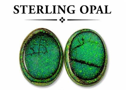 Pair of oval lab-created Monarch opal cabochons in dark green with crackled black matrix and neon green flecks, flat back, on white background