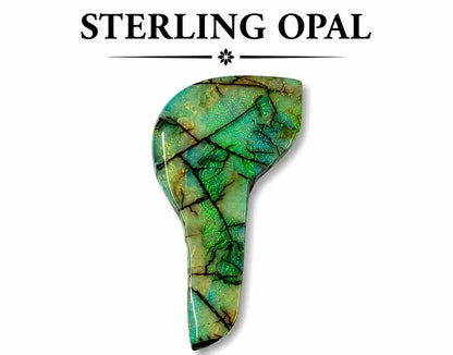 Freeform lab-created Monarch opal cabochon showing green-to-blue color shift with gold flecks and dark matrix cracking, flat back, isolated on white