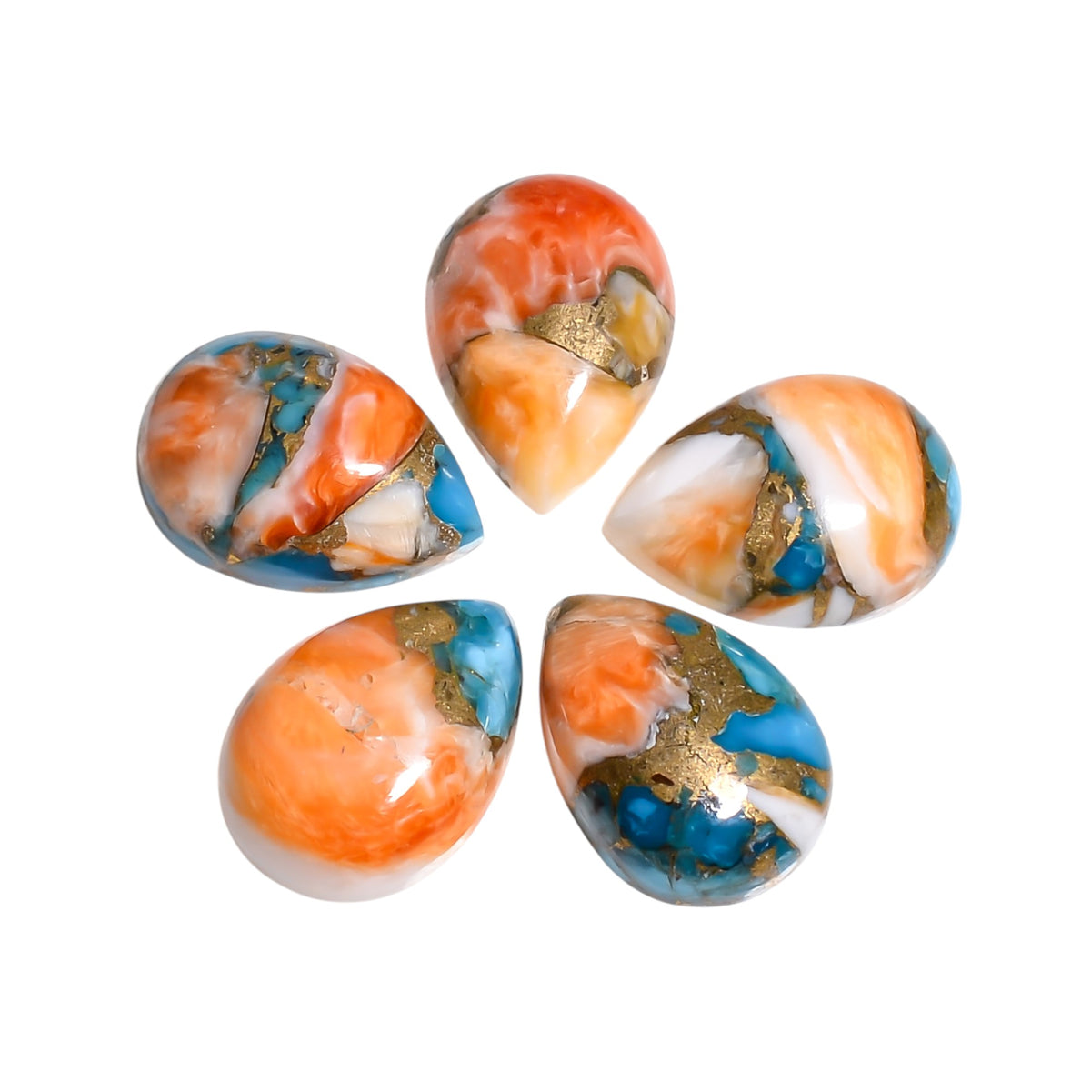 Multi Oyster Copper Turquoise cabochon in pear shape, featuring a blend of several natural colors swirling together in one stone