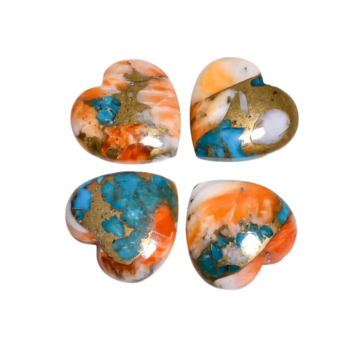 Four multi oyster copper turquoise hearts in orange, white and teal with copper matrix on a white background