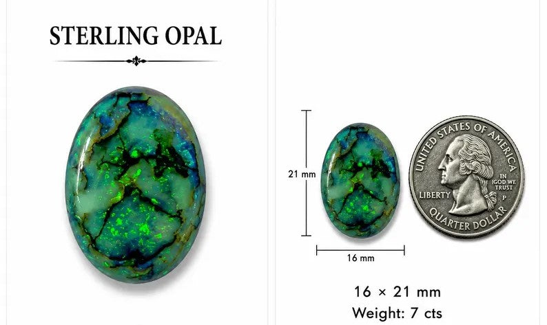 Front view of oval lab created opal cabochon, AAA quality synthetic Sterling Opal, green-blue fire, 16x21mm, 7 carats