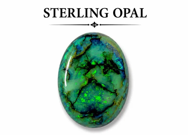 An oval cabochon sterling opal gemstone with vibrant green, blue, and black play-of-color, displayed on a white background with 'STERLING OPAL' text above.