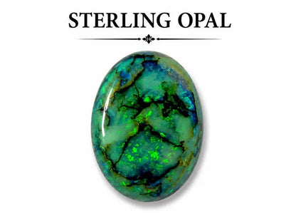 An oval cabochon sterling opal gemstone with vibrant green, blue, and black play-of-color, displayed on a white background with 'STERLING OPAL' text above.