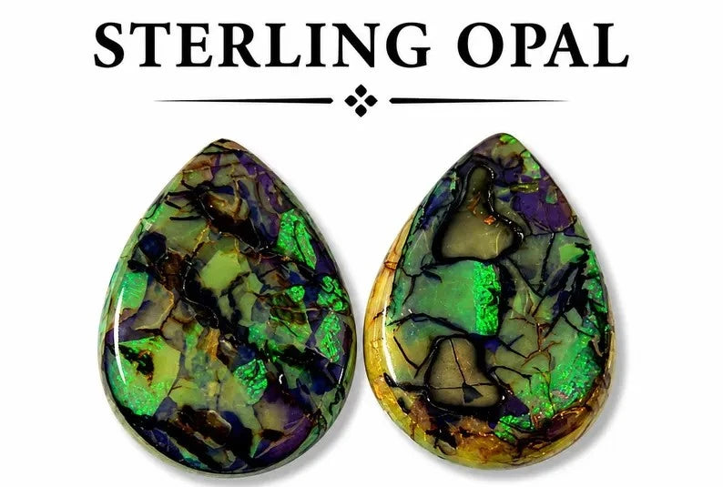 Pear shape matched pair of lab created opal cabochons, AAA synthetic Sterling Opal, green purple brown mosaic pattern