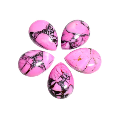 Pink Spider Mohave Turquoise cabochon showing fine, web like dark matrix lines spreading across a soft pink base, a pattern collectors specifically look for
