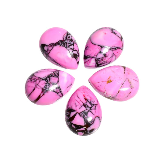 Pink Spider Mohave Turquoise cabochon showing fine, web like dark matrix lines spreading across a soft pink base, a pattern collectors specifically look for
