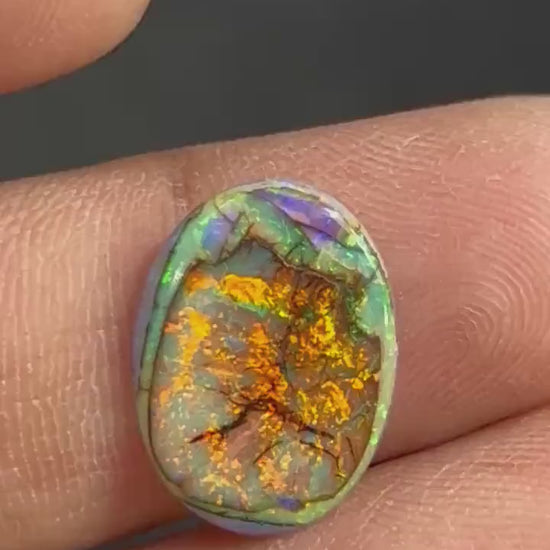 Oval lab created opal cabochon, AAA synthetic Sterling Opal loose gemstone, orange green fire, 13x18mm, 2 carats