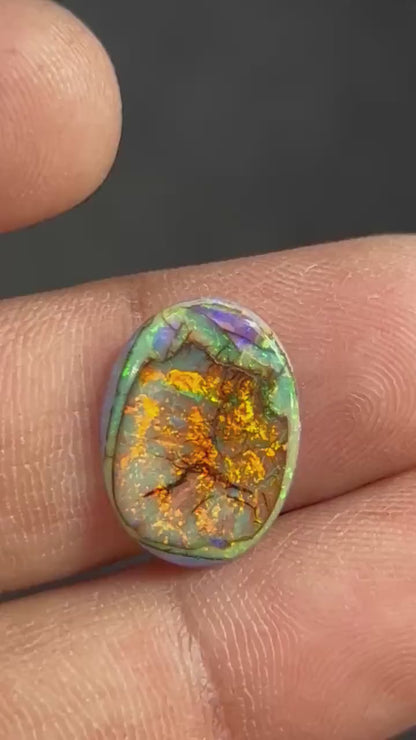 Oval lab created opal cabochon, AAA synthetic Sterling Opal loose gemstone, orange green fire, 13x18mm, 2 carats