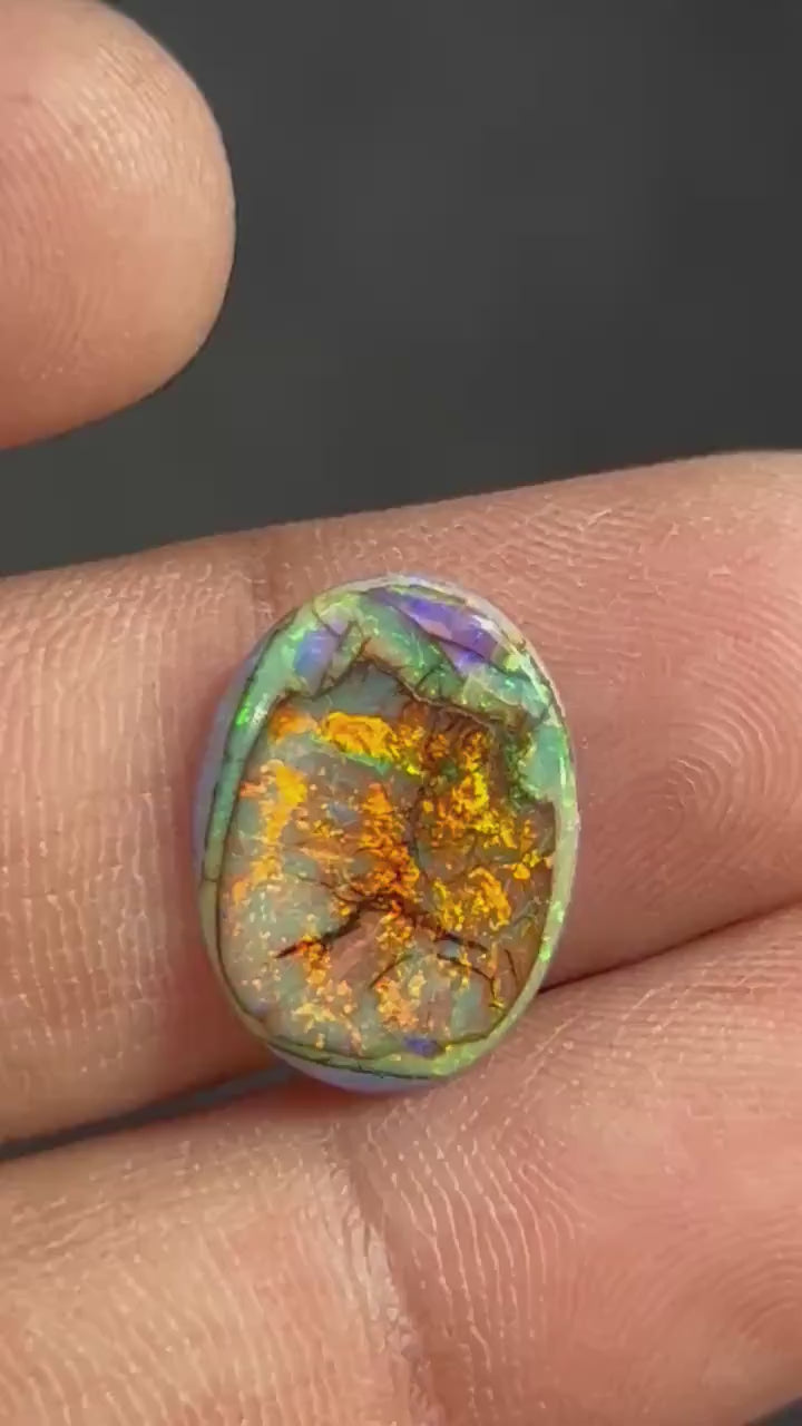 Oval lab created opal cabochon, AAA synthetic Sterling Opal loose gemstone, orange green fire, 13x18mm, 2 carats