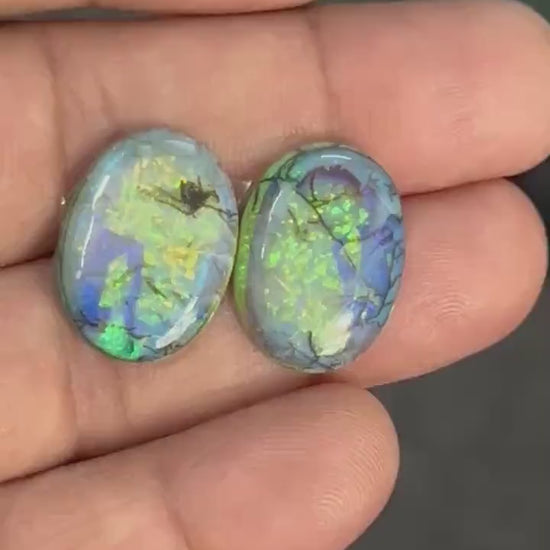 Matched pair of fancy shape lab created opal cabochons, AAA synthetic Sterling Opal loose gemstones, green blue gold fire, 15x20mm, 10 carats total