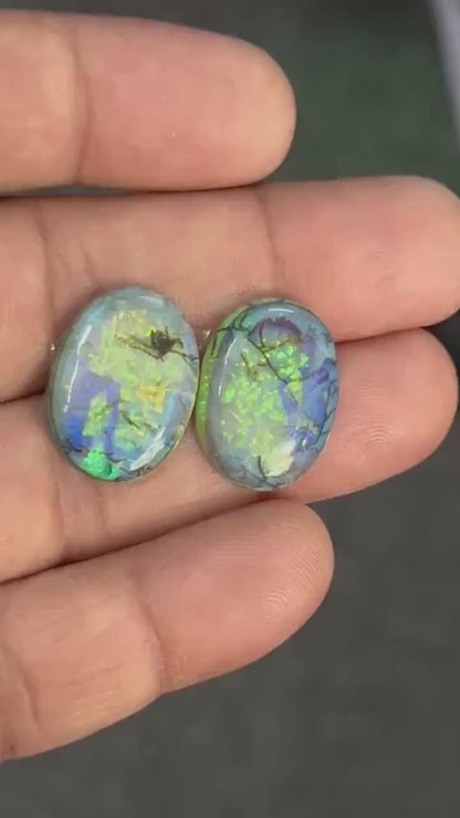 Matched pair of fancy shape lab created opal cabochons, AAA synthetic Sterling Opal loose gemstones, green blue gold fire, 15x20mm, 10 carats total