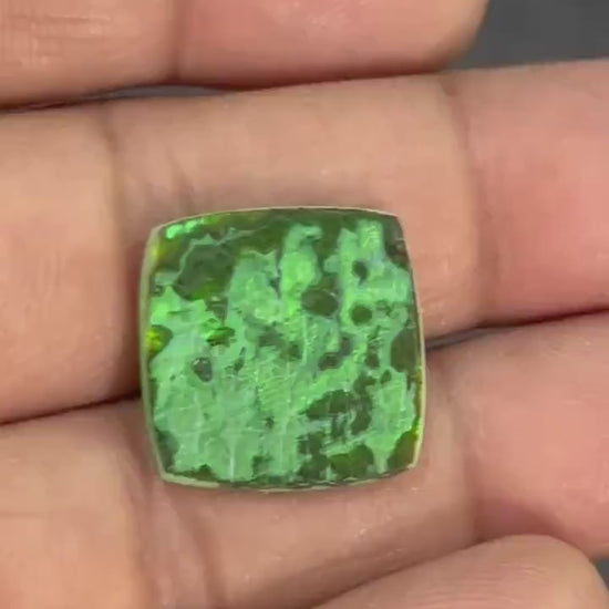 Cushion-cut lab-created Monarch opal cabochon with deep green sparkle and black patch pattern, rounded square shape, on white background