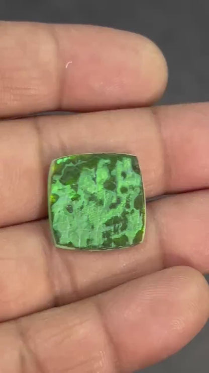 Cushion-cut lab-created Monarch opal cabochon with deep green sparkle and black patch pattern, rounded square shape, on white background