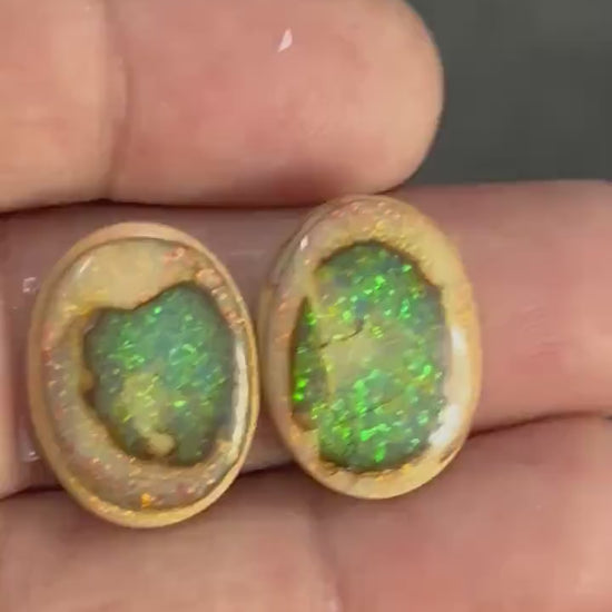 Fancy shape lab created opal cabochon with brown matrix border, AAA synthetic Sterling Opal, green orange fire, 15x20mm, 10 carats