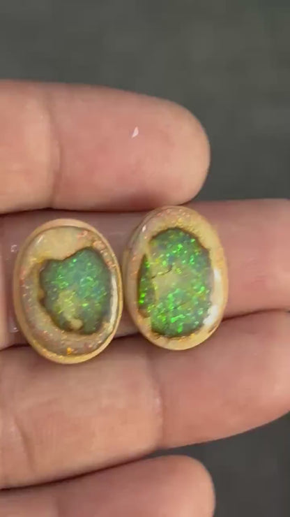 Fancy shape lab created opal cabochon with brown matrix border, AAA synthetic Sterling Opal, green orange fire, 15x20mm, 10 carats