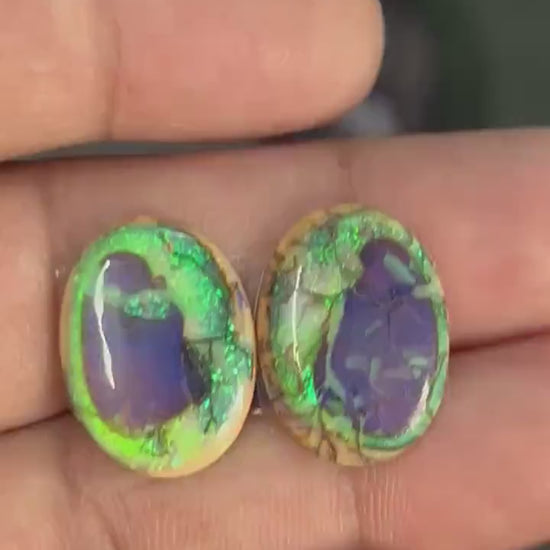 Matched pair of lab created opal cabochons, AAA synthetic Sterling Opal, green fire with deep blue purple centers
