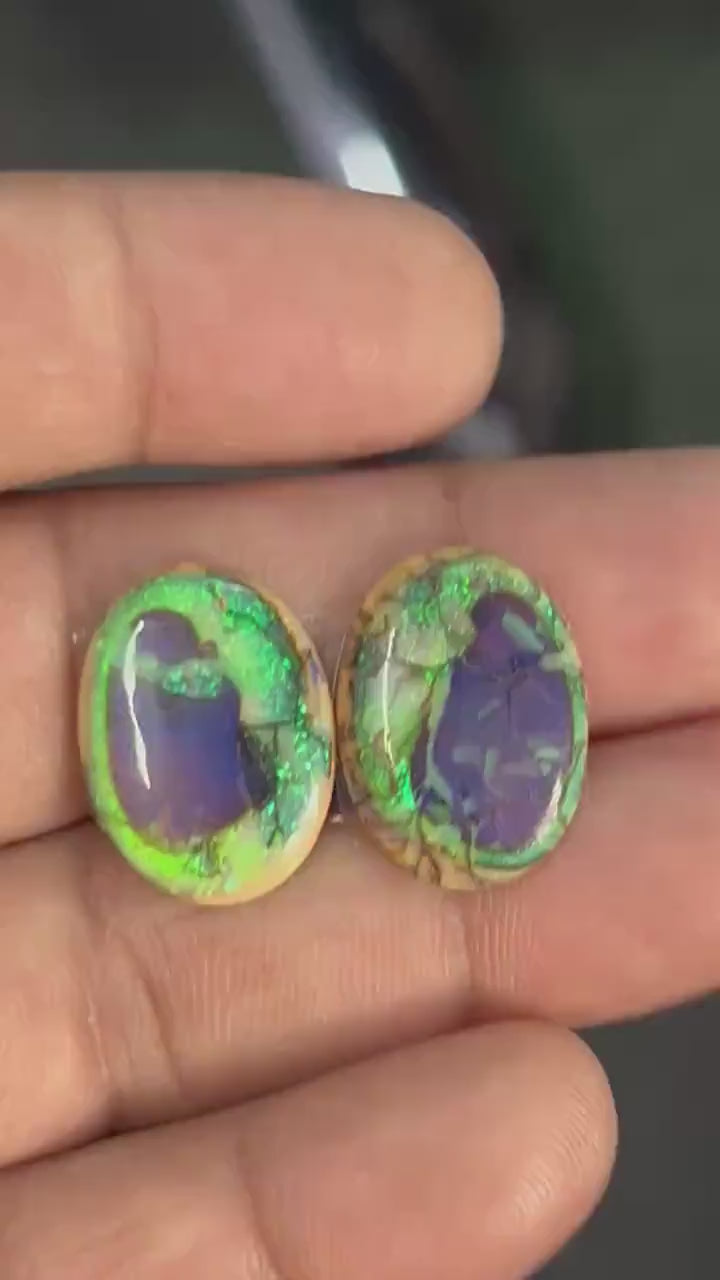 Matched pair of lab created opal cabochons, AAA synthetic Sterling Opal, green fire with deep blue purple centers