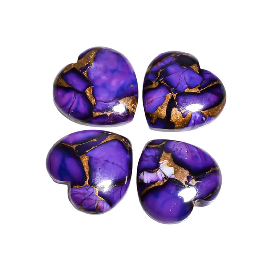 Four purple copper turquoise heart cabochons with gold copper veins on a white background