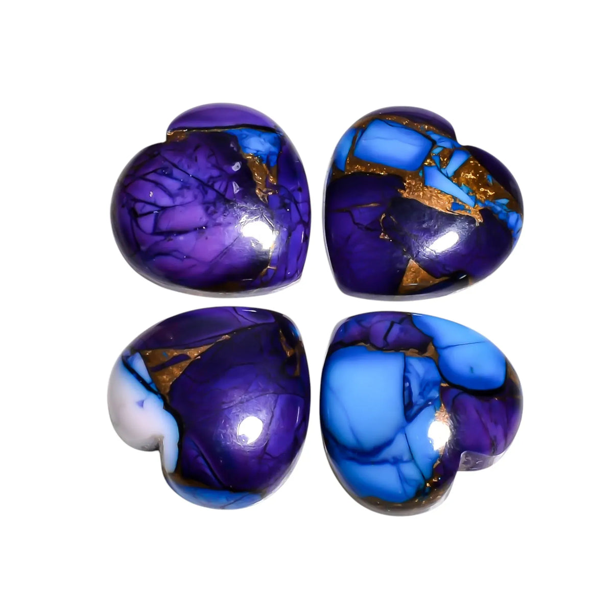 Four two-tone purple and blue turquoise hearts with copper flecks on a white background