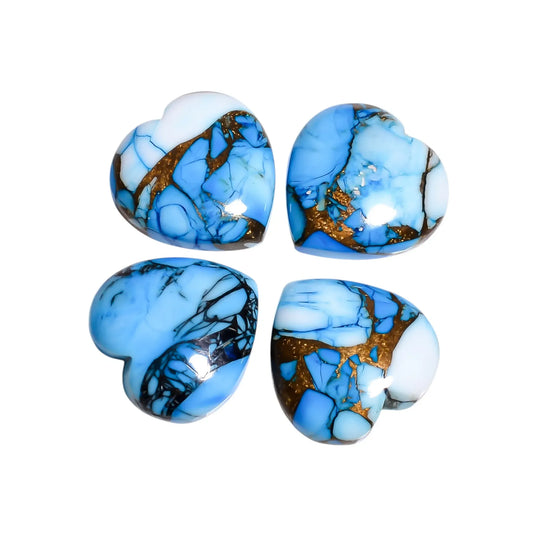 Four violet blue copper turquoise stone hearts with white patches and copper veins on a white background