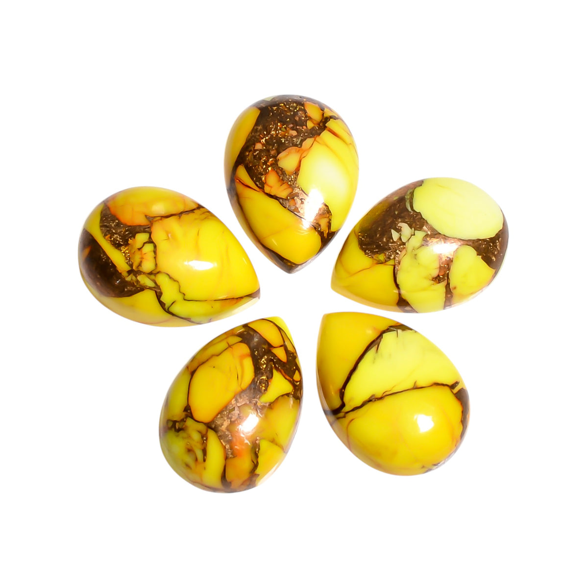 Yellow Mohave Turquoise cabochon in pear shape, one of the rarest colors in the turquoise family, showing a warm golden yellow tone