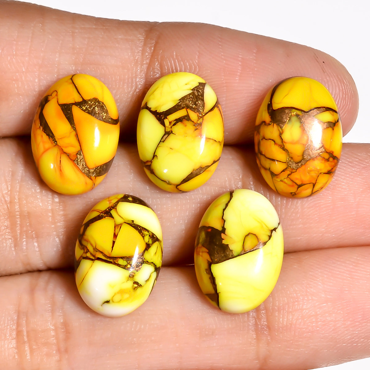 Flat back view of the Yellow Turquoise oval cabochon with visible measurements, helping buyers confirm fit before ordering a setting